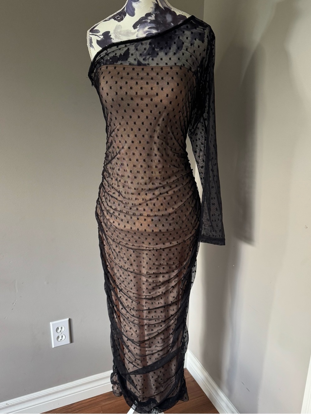 Double Crazy Sheer One-Shoulder Black Polka Dot Dress